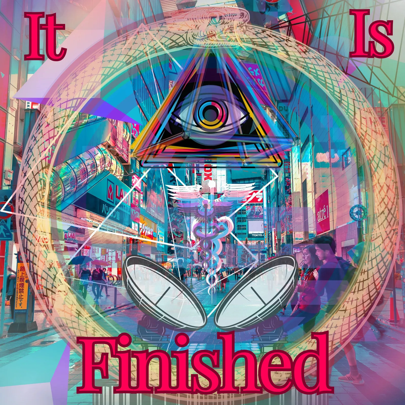 Surreal urban scene with symbolic eye, ouroboros, and text &#39;It Is Finished&#39;.
