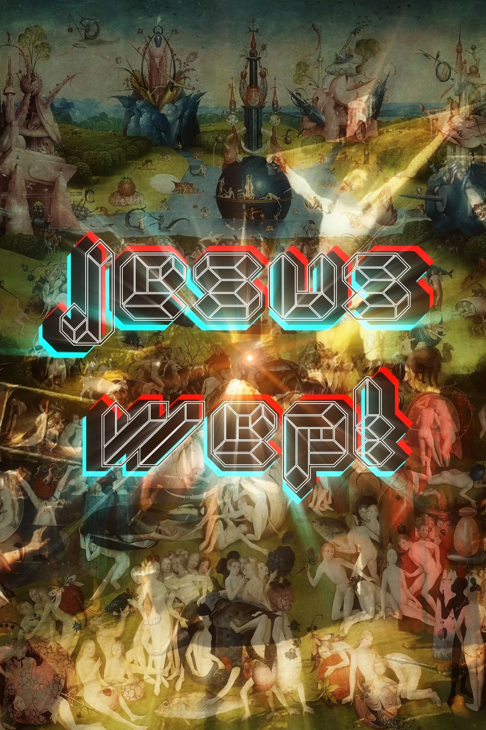 Neon text &#39;Jesus Wept&#39; overlays a surreal, detailed painting with ethereal light effects.